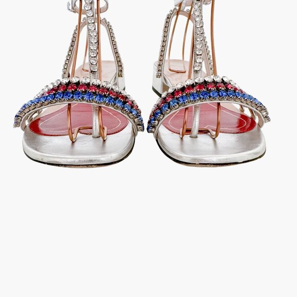 Gucci Bertie Crystal T-Strap Flat Sandals EU 37.5 US 7.5 Silver Red White Blue - Picture 5 of 13